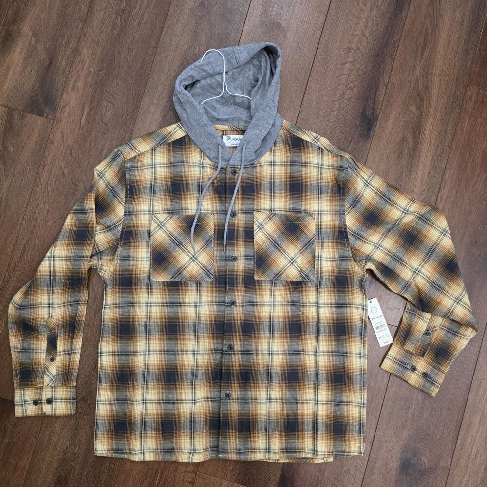 No Boundaries Mens Sz L Plaid Hooded Flannel Button Down Shirt Lightweight NEW